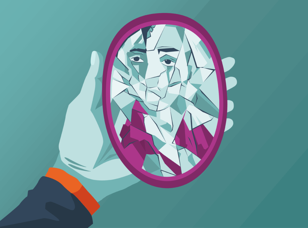 Eine Hand hält einen zerbrochenen Spiegel, dessen Scherben ein fragmentiertes Gesicht zeigen.