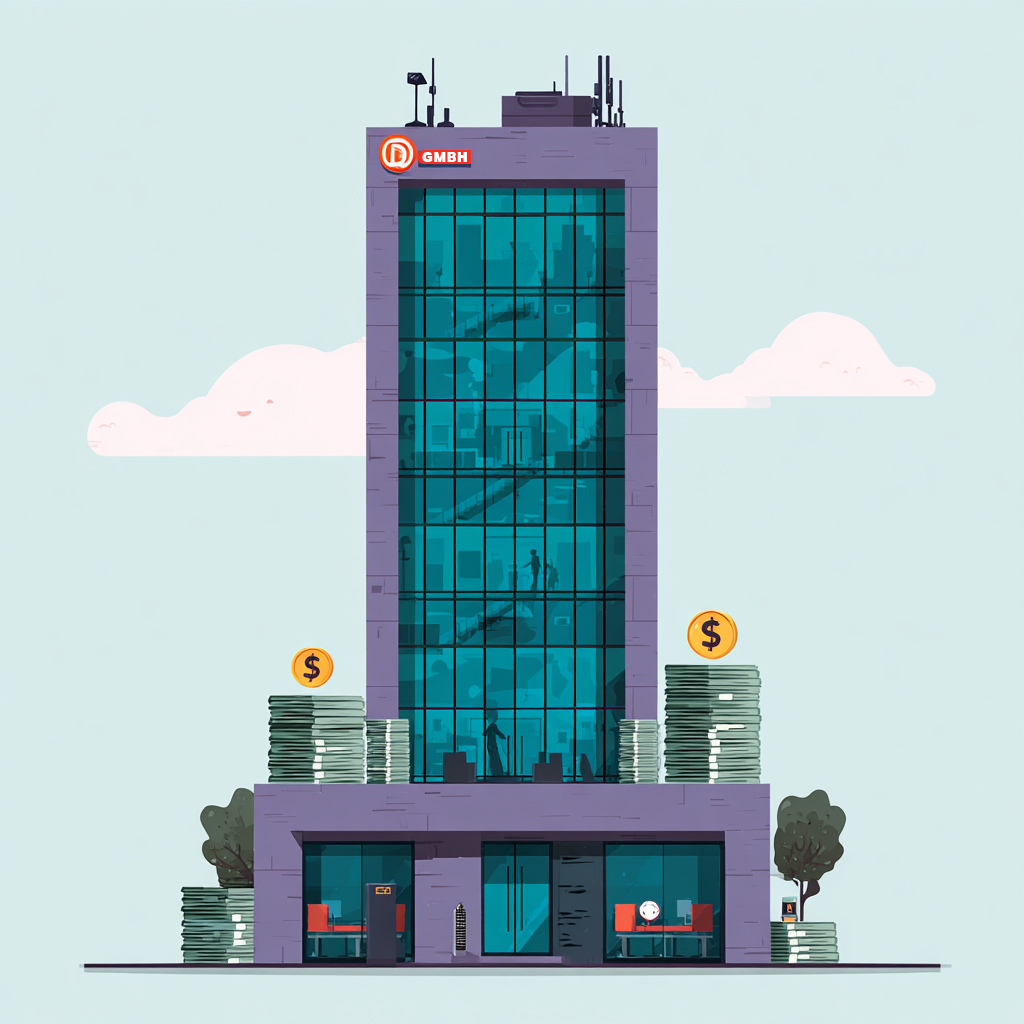 Ein mehrstöckiges Gebäude mit einer modernen Glasfassade in dem viele Menschen arbeiten, mit der Aufschrift DE GmbH, umgeben von Geldstapeln mit Dollarzeichen.