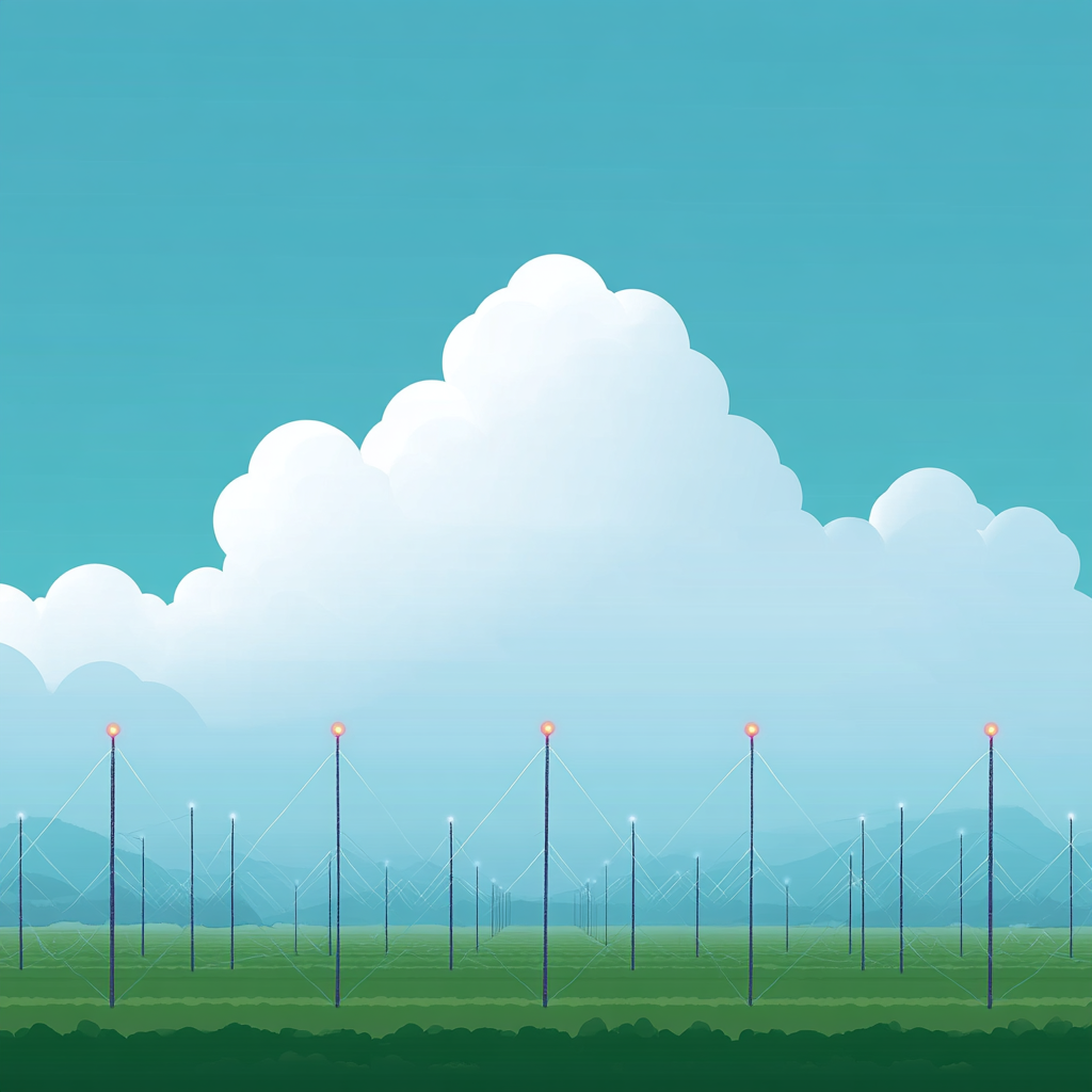 Ein weites, grünes Feld mit vielen Strommasten ähnlichen Stangen, die miteinander verbunden sind.