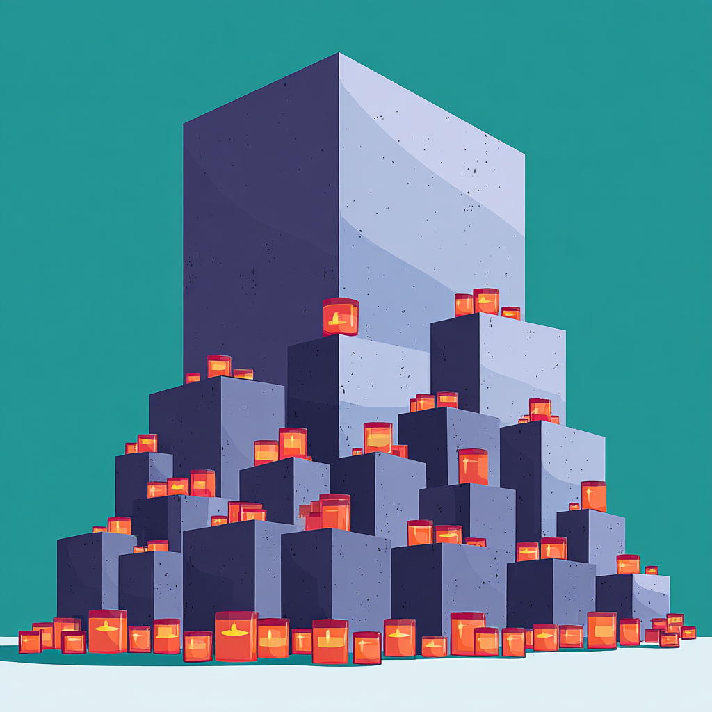 Eine Masse von großen Betonquadern mit vielen Kerzen darauf verteilt.