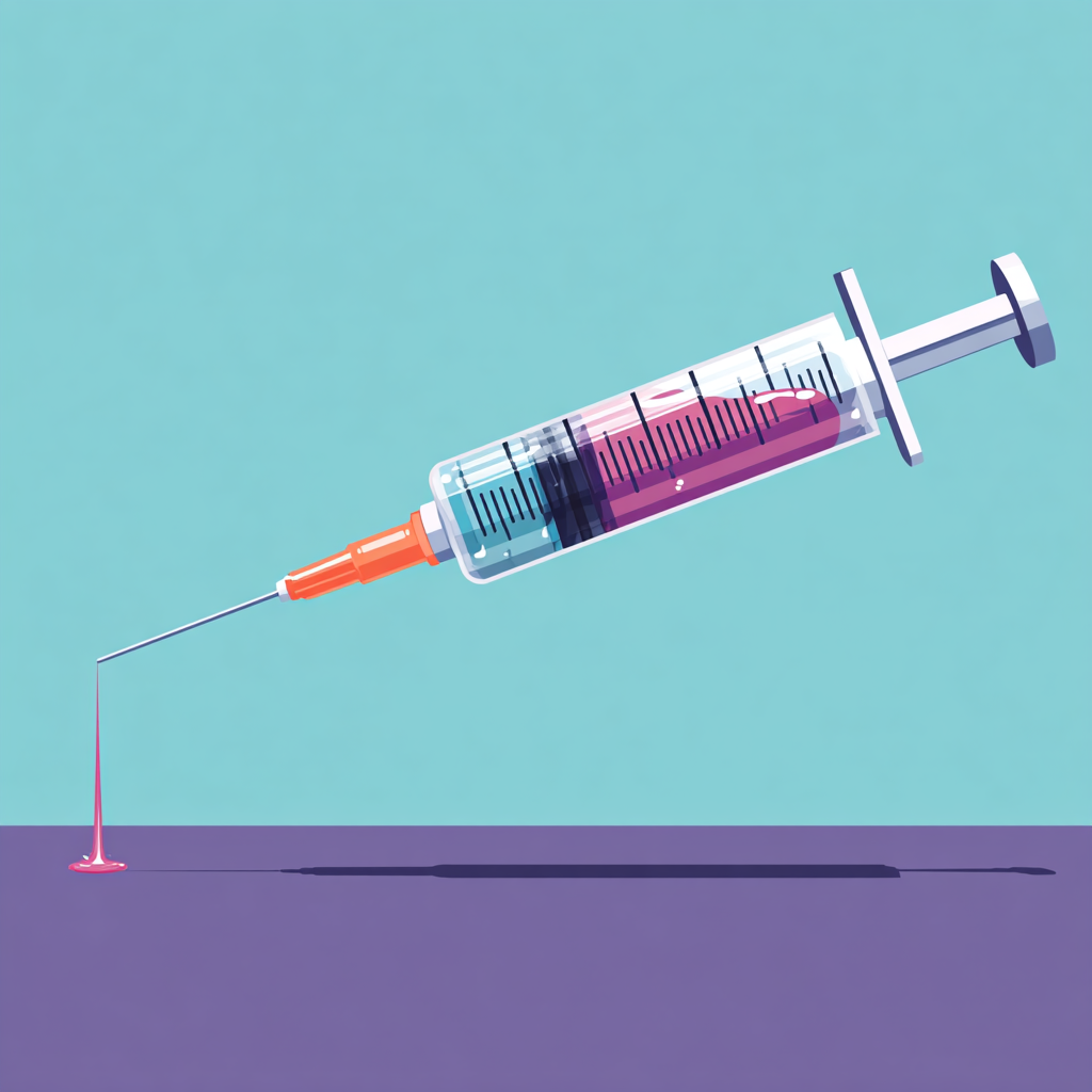 Eine transparente große Spritze mit Flüssigkeit.