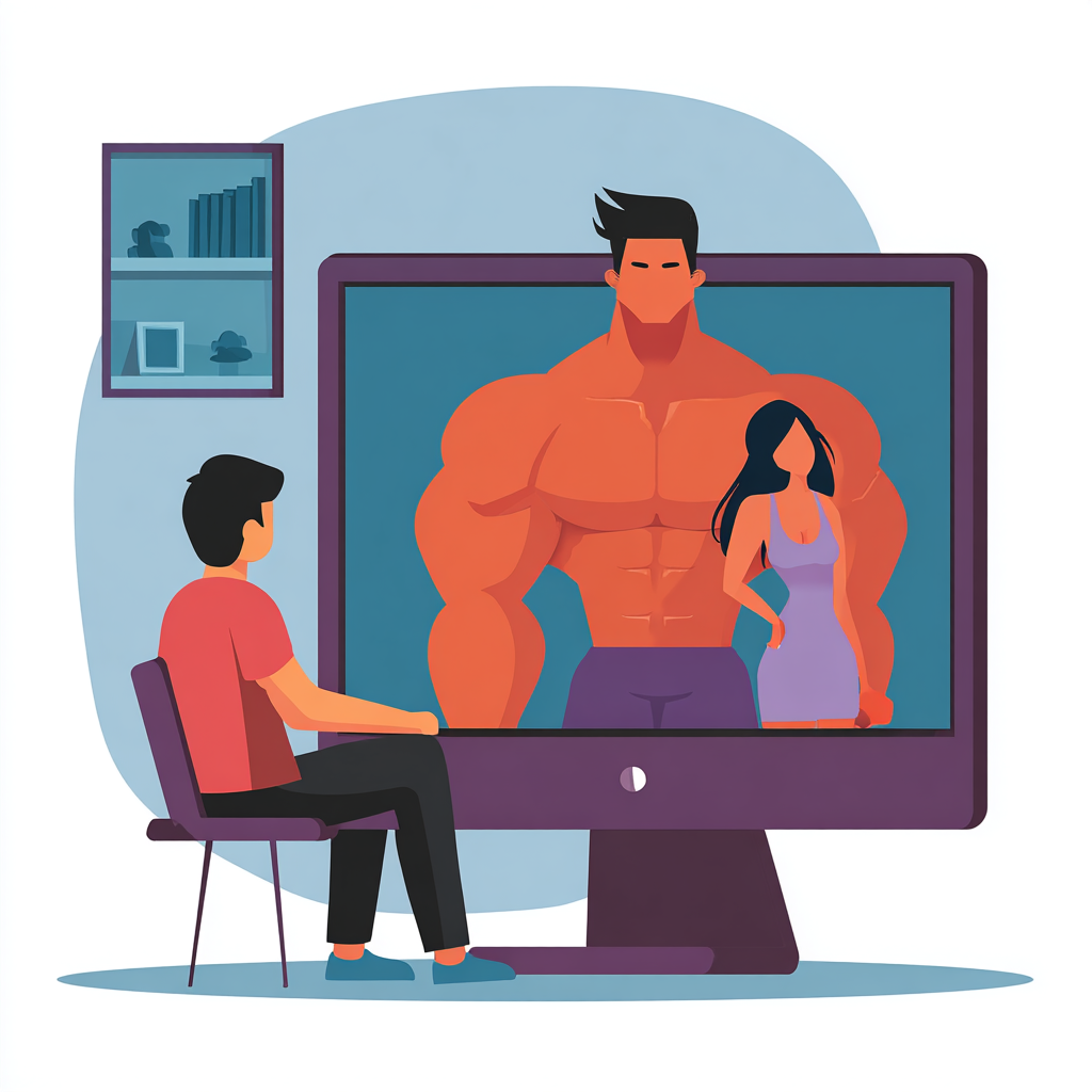 Eine Person sitzt vor einem großen Computerbildschirm, auf dem der Oberkörper eines extrem muskulösen Mannes und eine Frau in einem engen Kleid zu sehen ist.