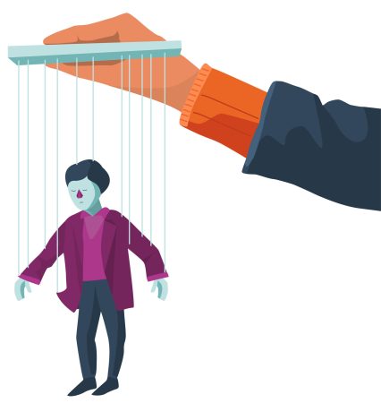 Eine Marionette die von einer Hand gespielt wird.